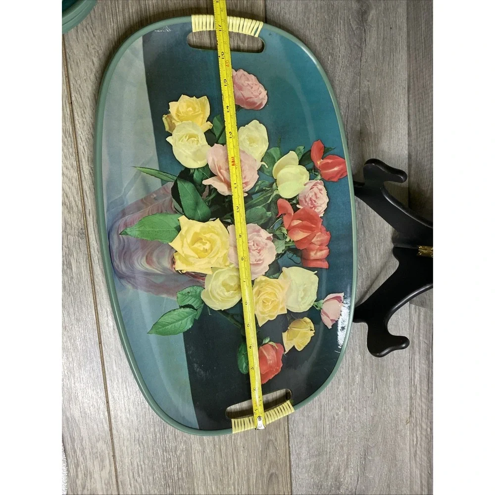 Vintage Serving Tray MCM Roses Vase Wrapped Handles Made In Japan Decorative